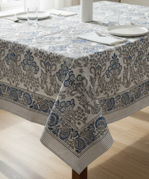 Navy Blue and Grey Floral Rectangle Tablecloth Image 1