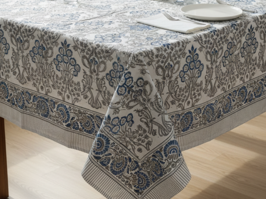 Navy Blue and Grey Floral Rectangle Tablecloth Image 1