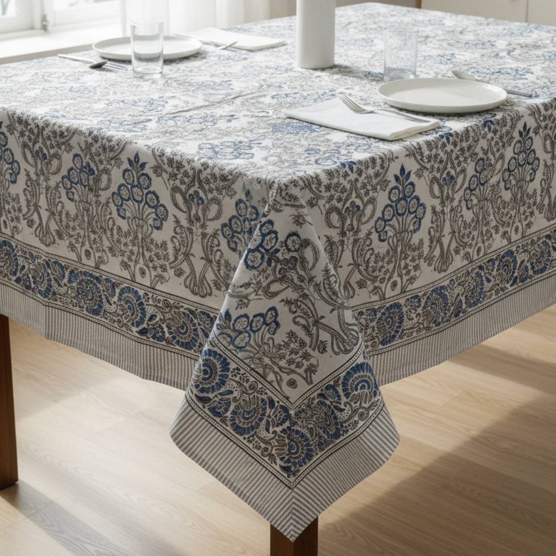 Navy Blue and Grey Floral Rectangle Tablecloth Image 1