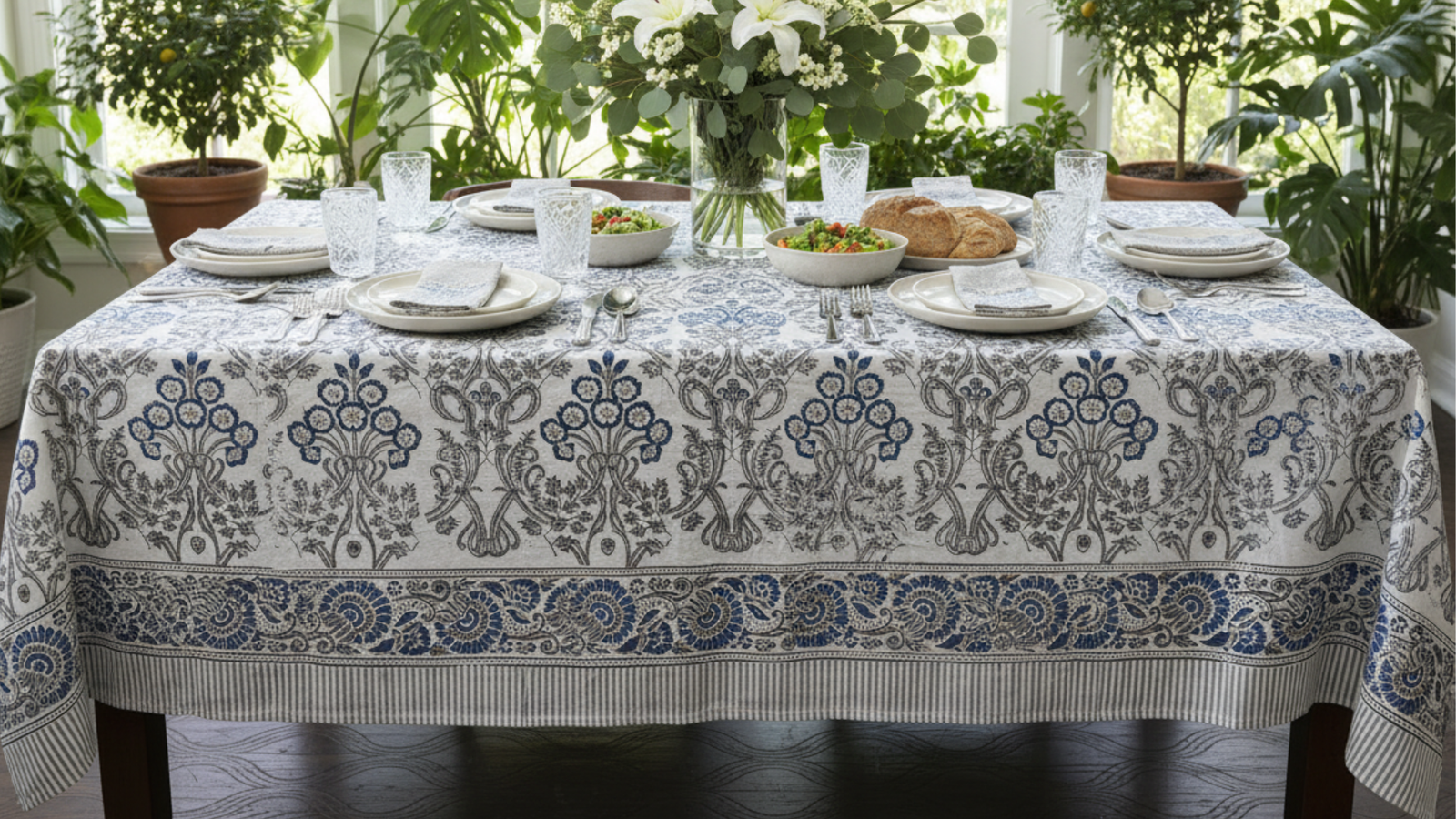 Navy Blue and Grey Floral Rectangle Tablecloth Image 2