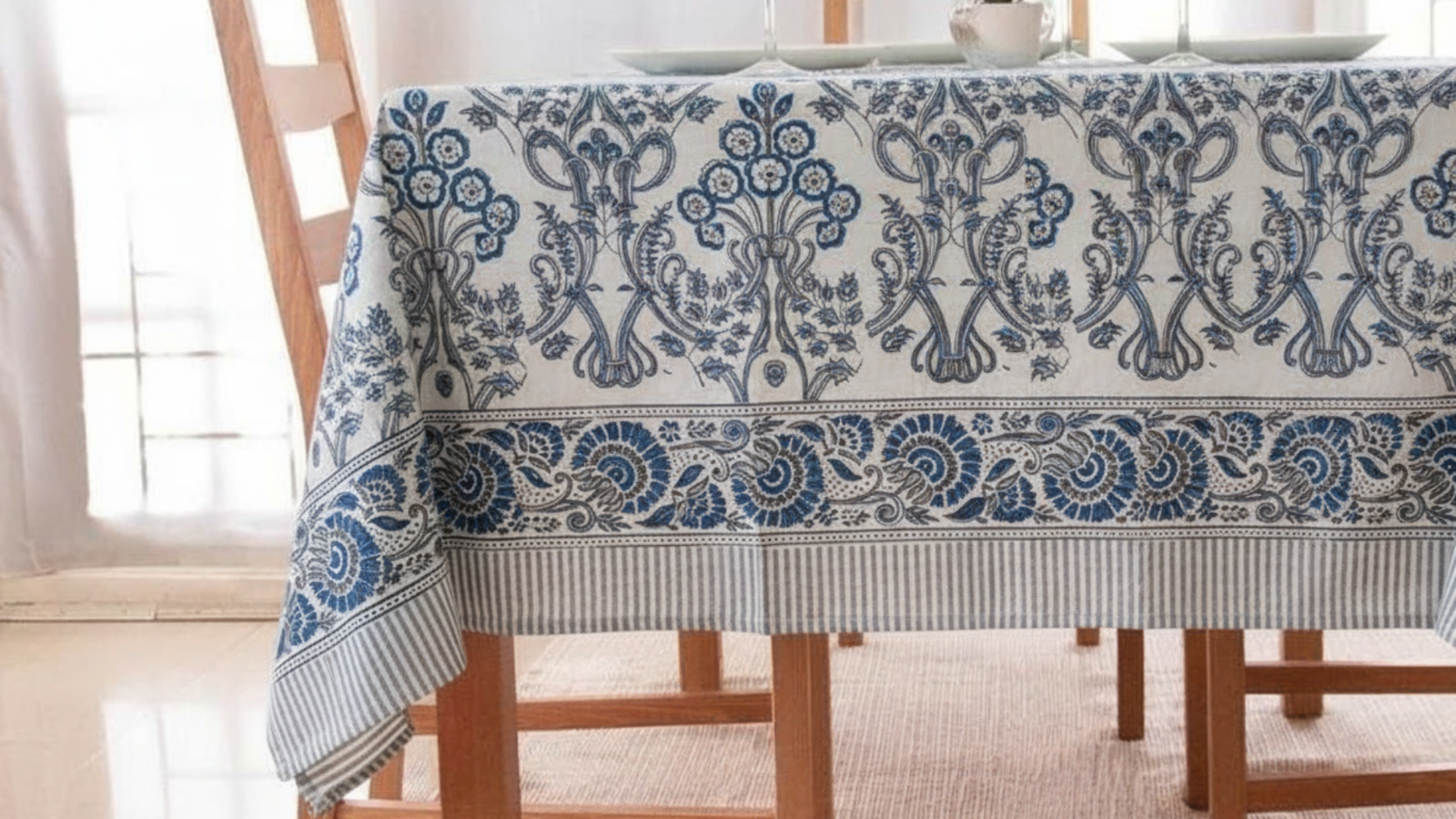 Indigo Blue Floral Cotton Tablecloth - Image 2