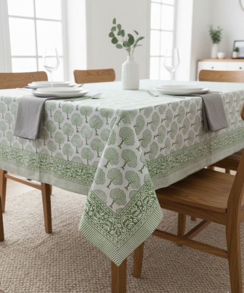 Leaf Green Tree Hand Block Print Tablecloth Image 1