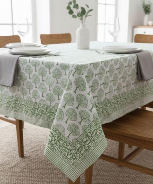 Hand Block Printed Leaf Green Tree Rectangle Tablecloth Product Image 1