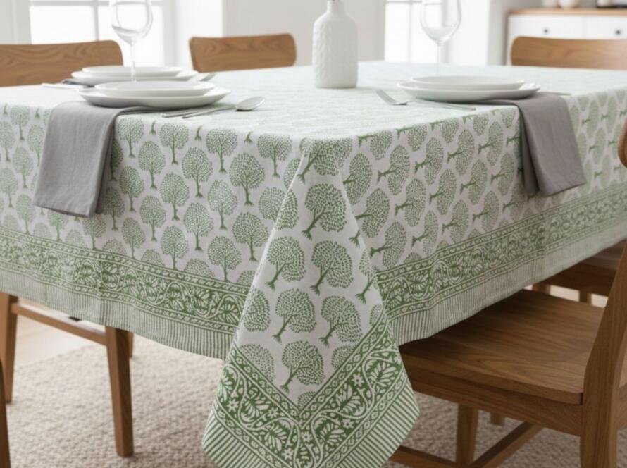 Hand Block Printed Leaf Green Tree Rectangle Tablecloth Product Image 1