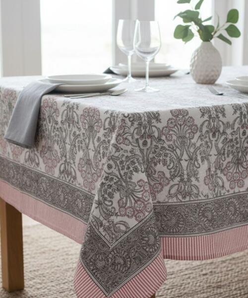 Candy Pink and Grey Floral Rectangle Cotton Tablecloth Image 1