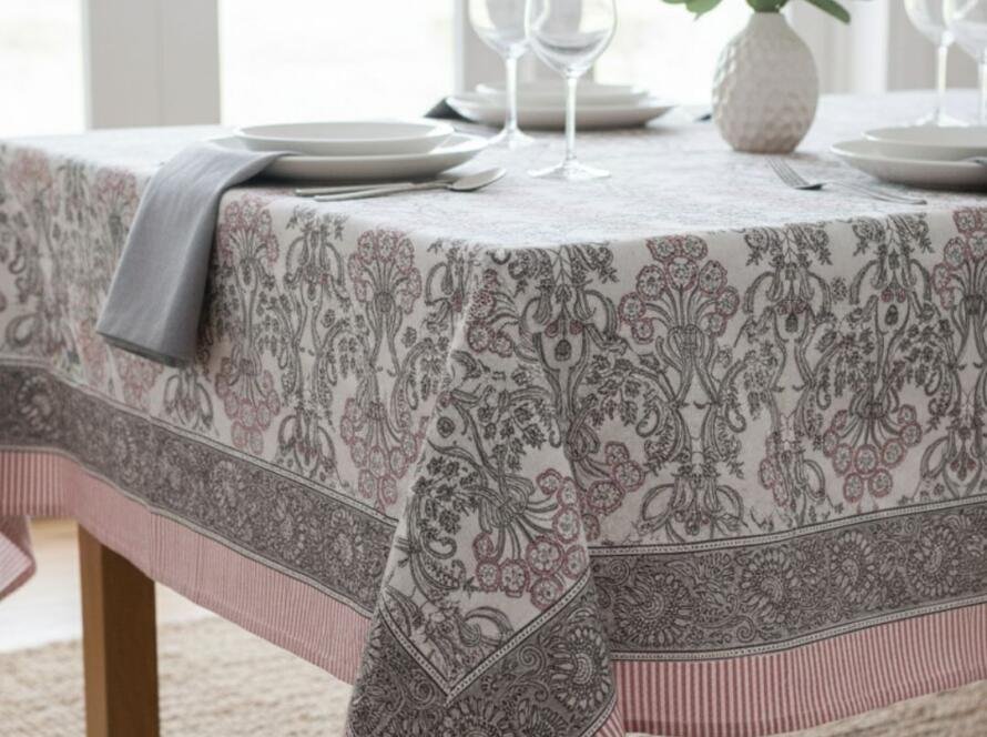 Candy Pink and Grey Floral Rectangle Cotton Tablecloth Image 1