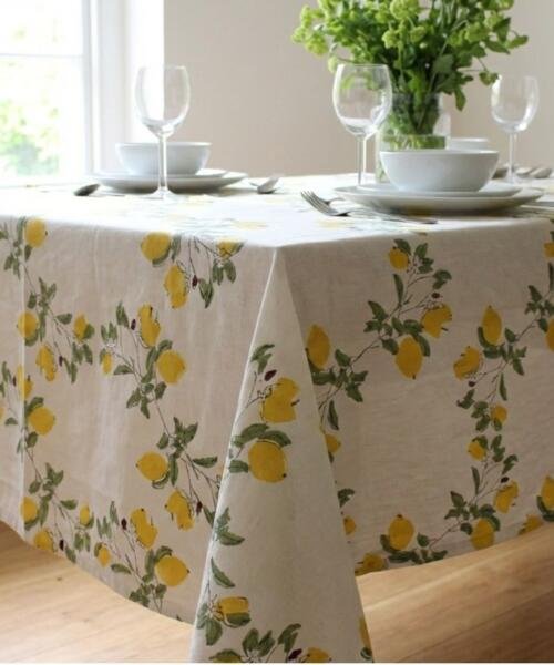 Hand Block Printed Lemon Yellow Vines Rectangle Tablecloth Image 1
