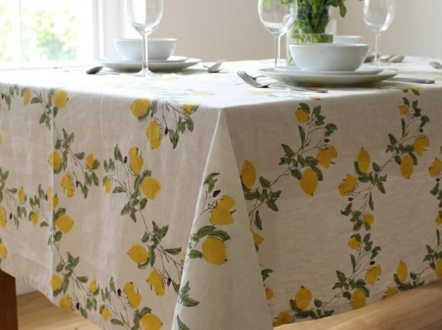 Hand Block Printed Lemon Yellow Vines Rectangle Tablecloth Image 1
