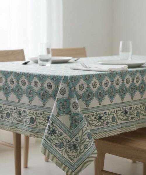 Hand Block Printed Sea Green Trellis with Floral Border Rectangle Tablecloth Image 1