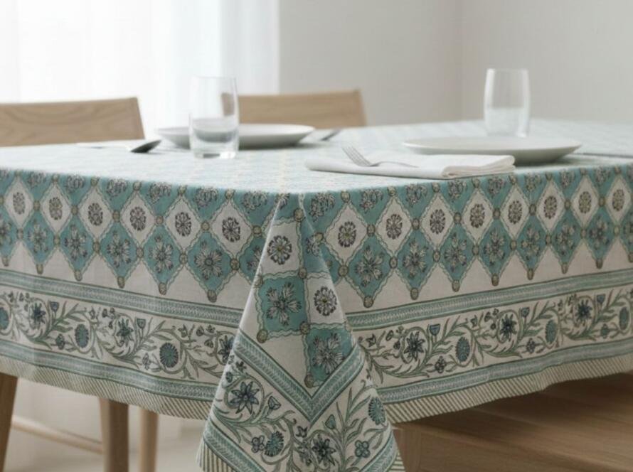 Hand Block Printed Sea Green Trellis with Floral Border Rectangle Tablecloth Image 1
