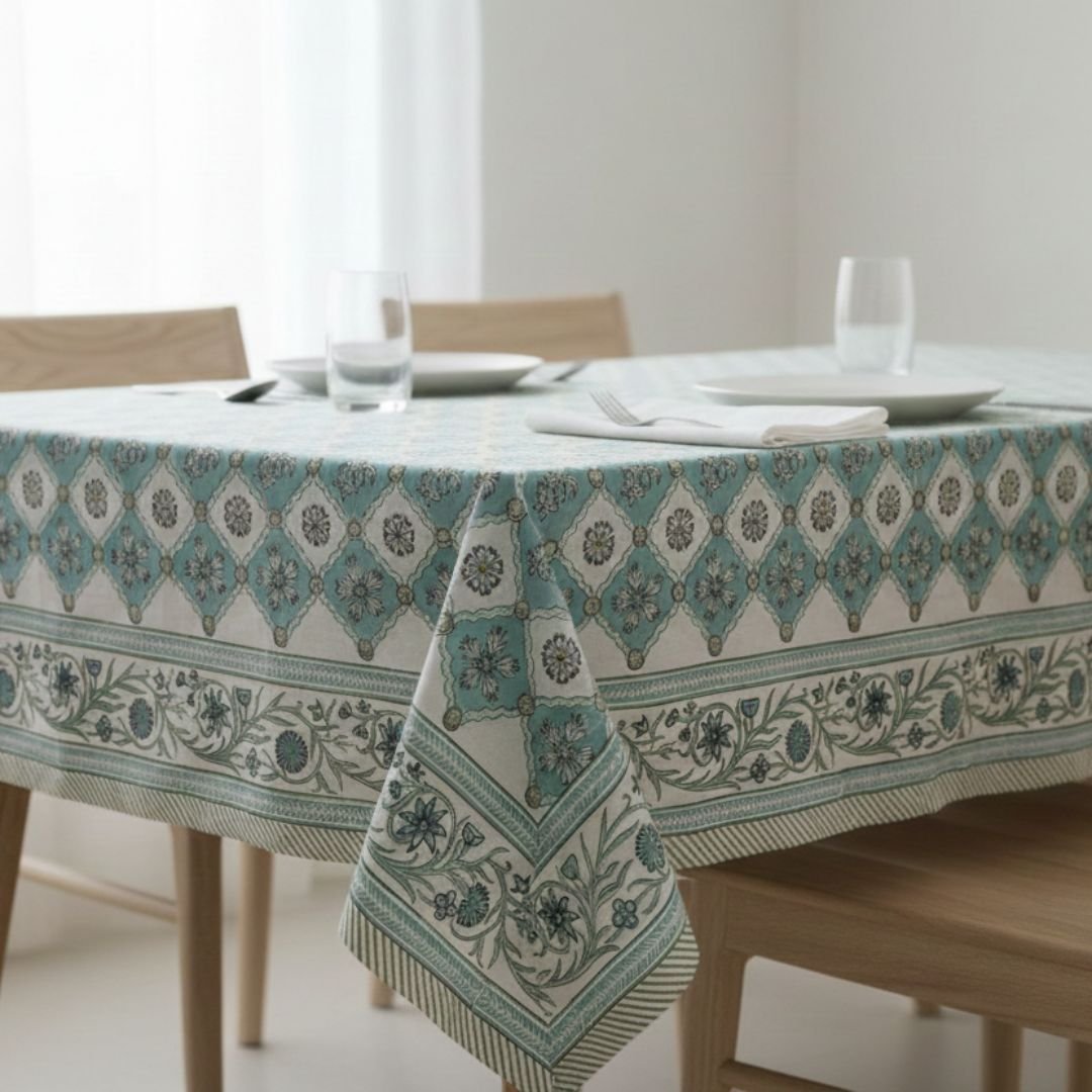 Hand Block Printed Sea Green Trellis with Floral Border Rectangle Tablecloth Image 1