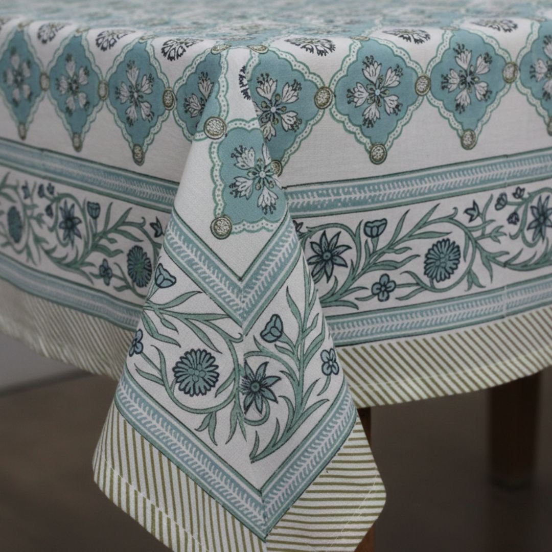 Sea Green Trellis Floral Border Rectangle Tablecloth - Image 2