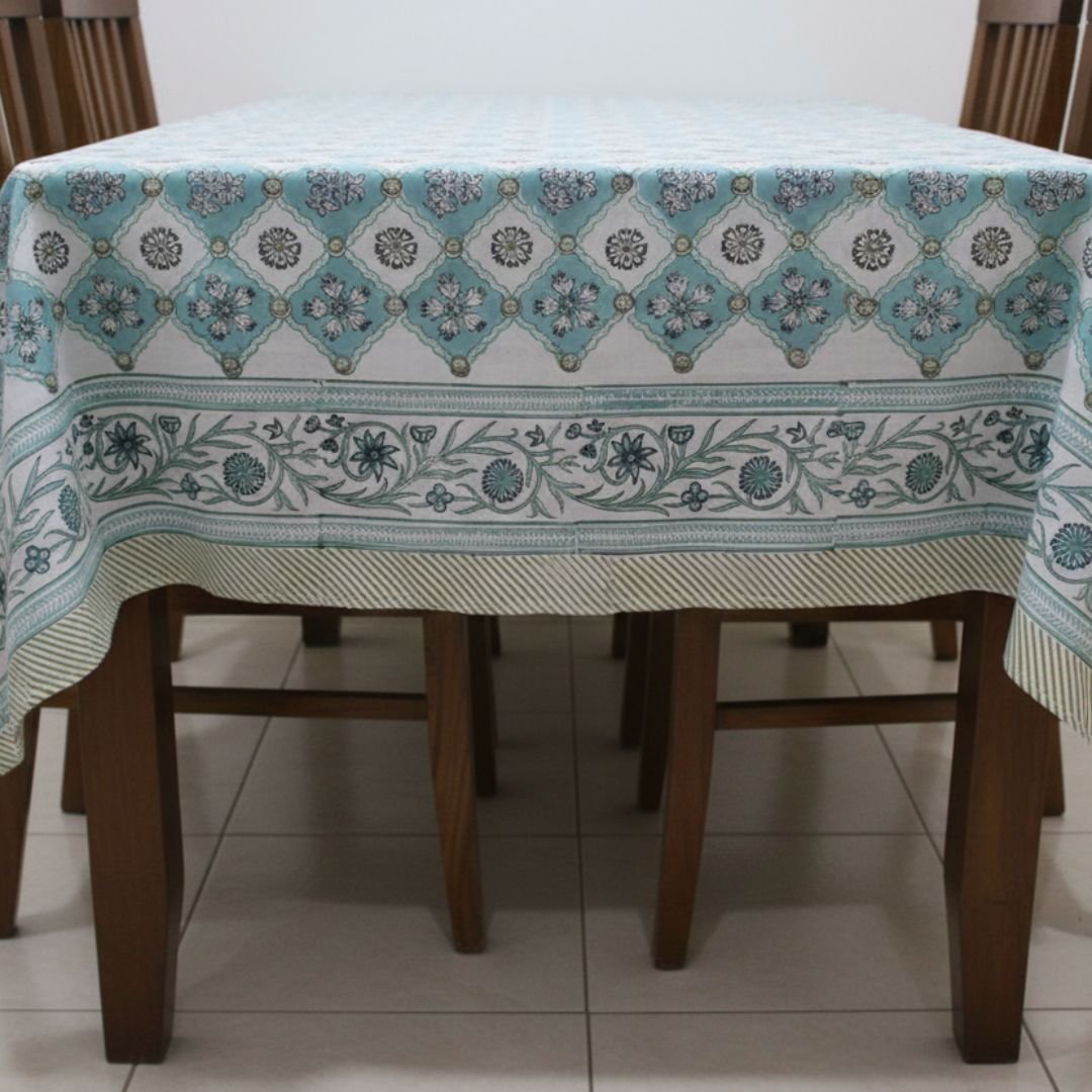 Hand Block Printed Sea Green Trellis with Floral Border Rectangle Tablecloth Image 3