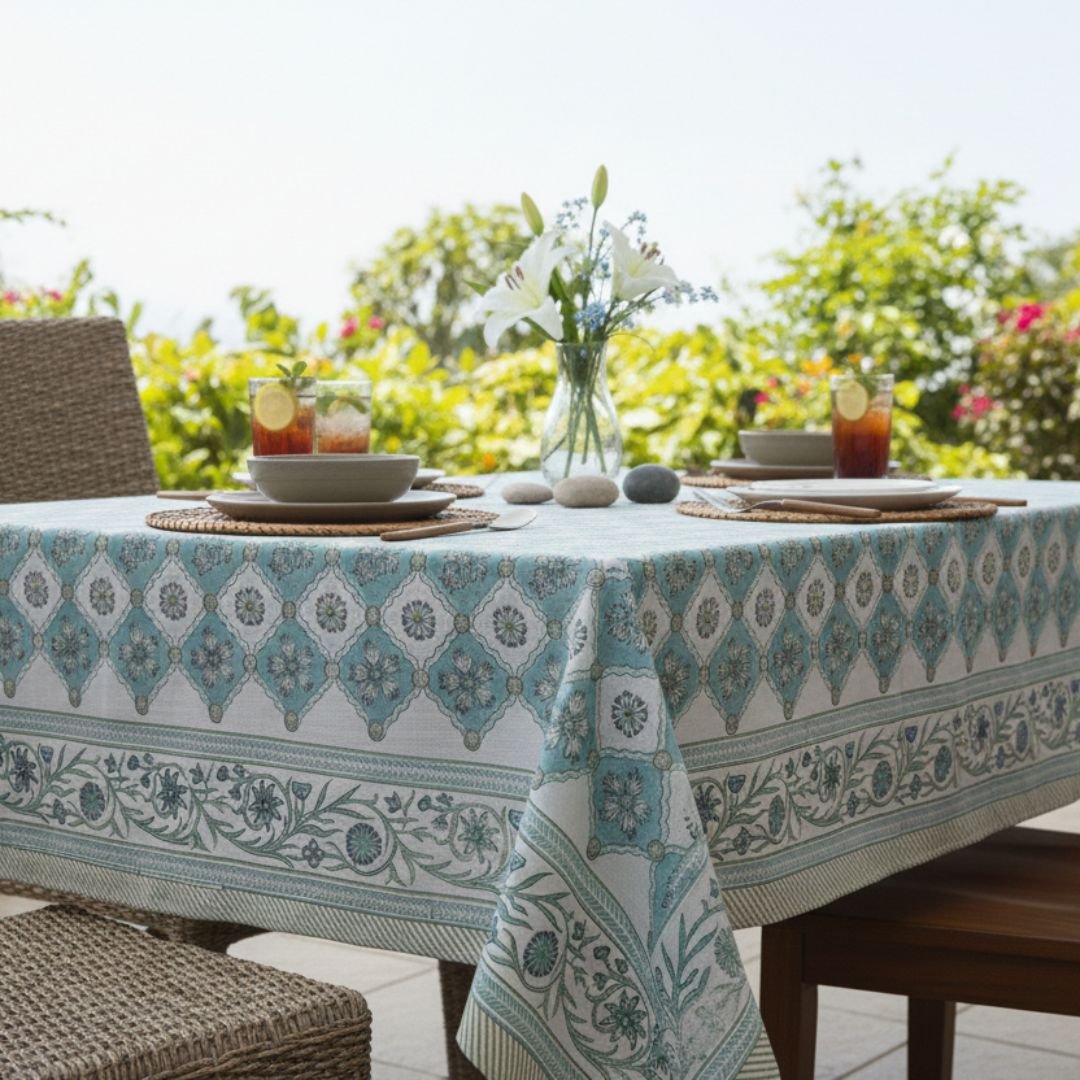 Sea Green Trellis Floral Border Rectangle Tablecloth - Image 4
