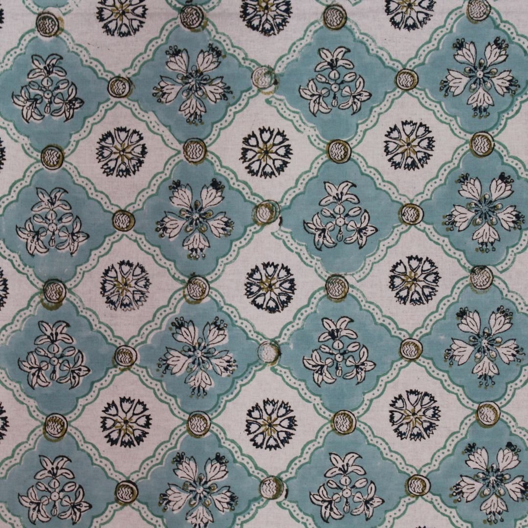 Hand Block Printed Sea Green Trellis with Floral Border Rectangle Tablecloth Image 7