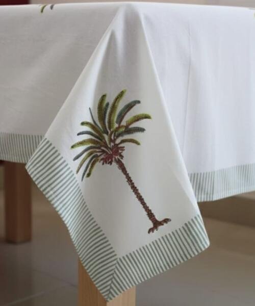 Hand Block Printed Coastal Palm Tree Rectangle Tablecloth Image 1