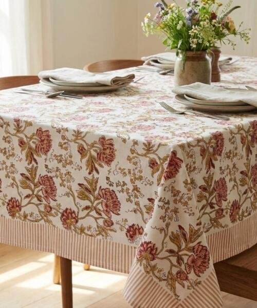Hand Block Printed Dusty Peach Vintage Floral Vine Rectangle Tablecloth Image 1