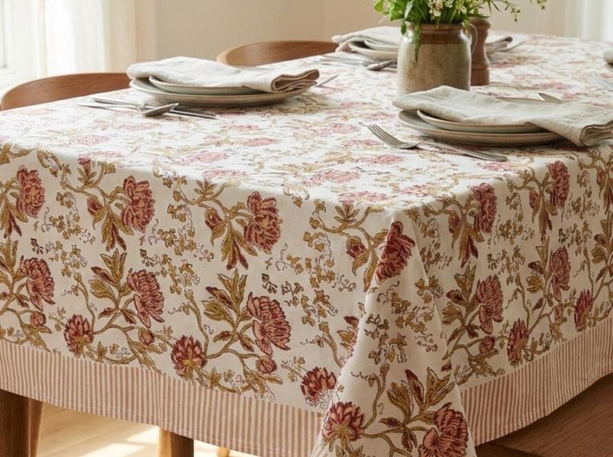 Hand Block Printed Dusty Peach Vintage Floral Vine Rectangle Tablecloth Image 1