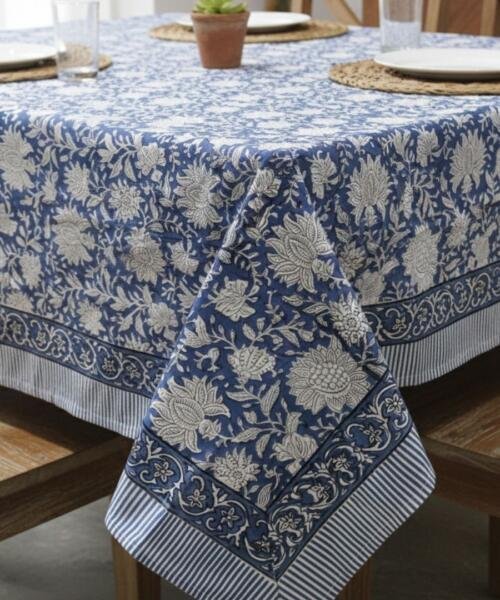 Hand Block Printed Indigo Blue Opaline Floral Rectangle Tablecloth Product Image 1