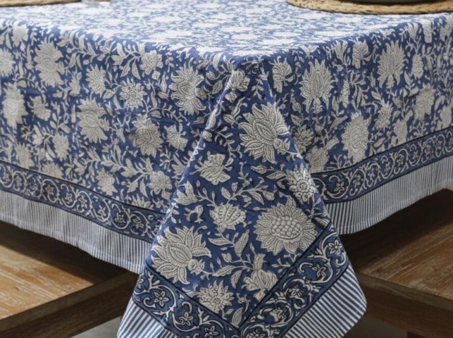 Hand Block Printed Indigo Blue Opaline Floral Rectangle Tablecloth Product Image 1