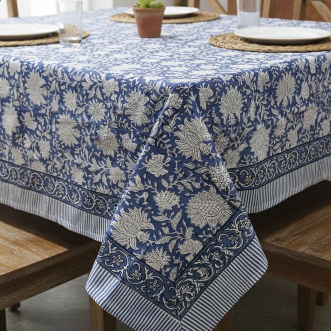Hand Block Printed Indigo Blue Opaline Floral Rectangle Tablecloth Product Image 1