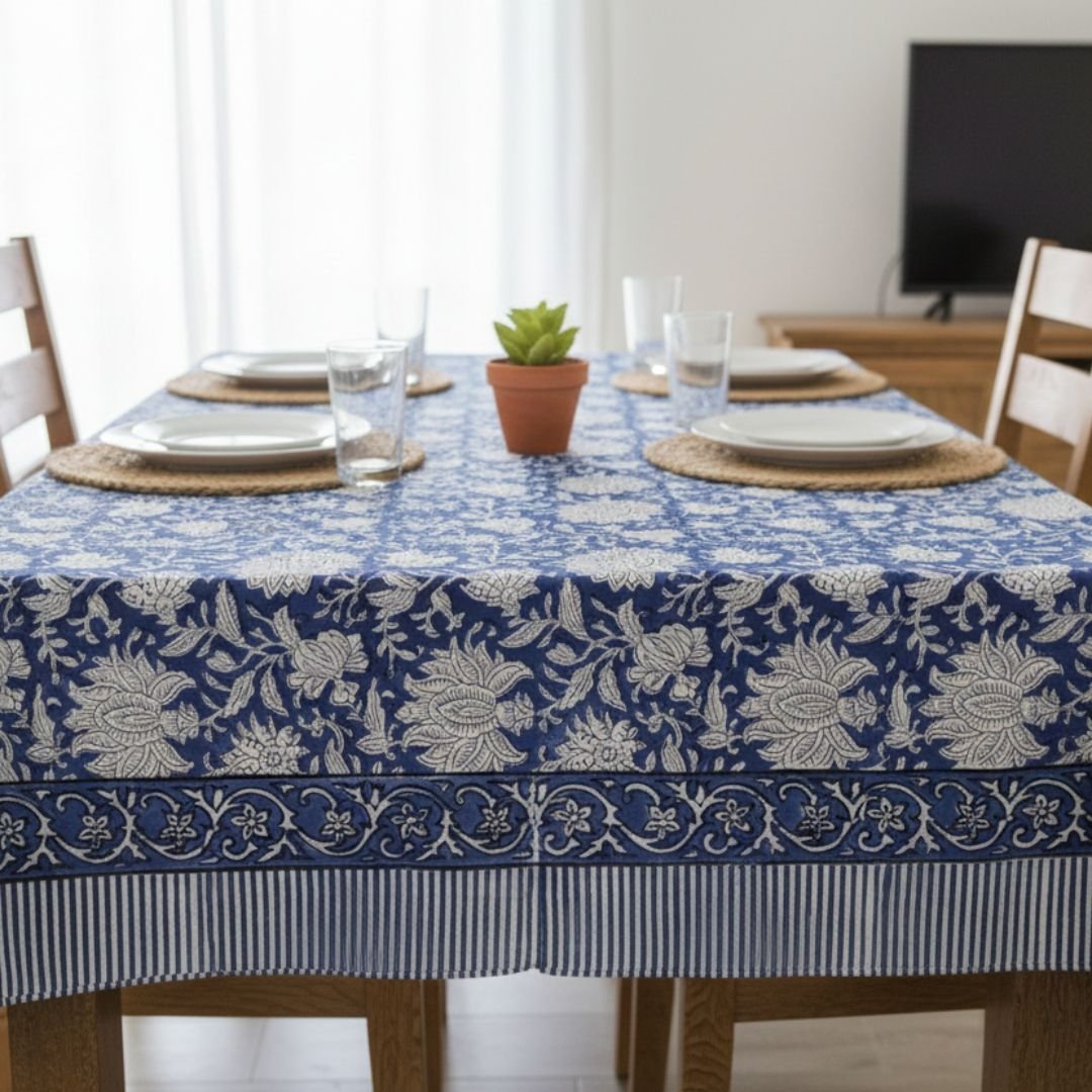 Indigo Blue Opaline Floral Rectangle Tablecloth - Image 2