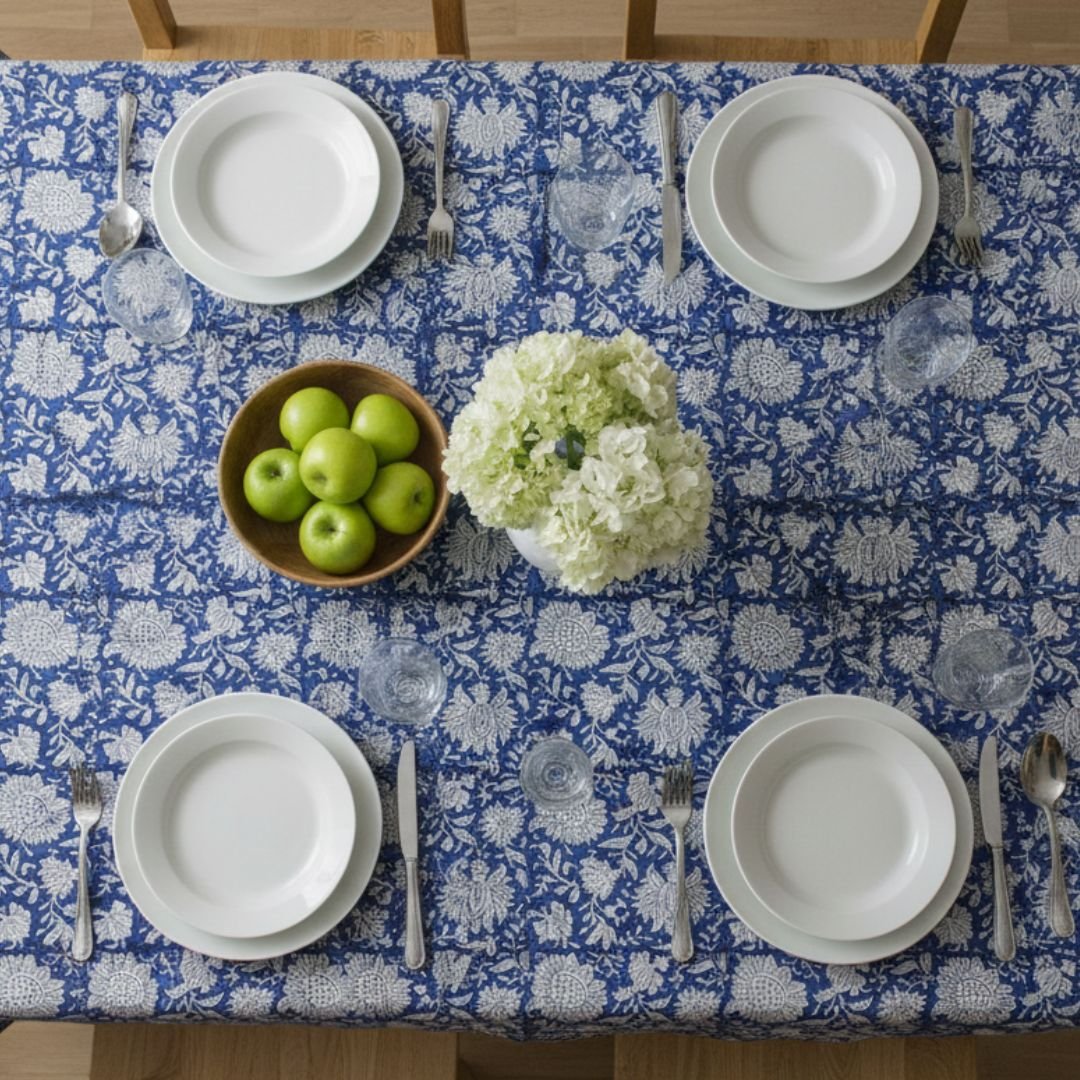 Hand Block Printed Indigo Blue Opaline Floral Rectangle Tablecloth Product Image 3