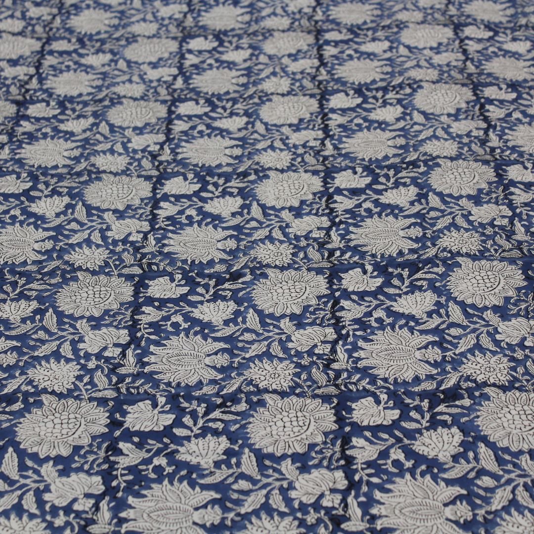 Hand Block Printed Indigo Blue Opaline Floral Rectangle Tablecloth Product Image 5