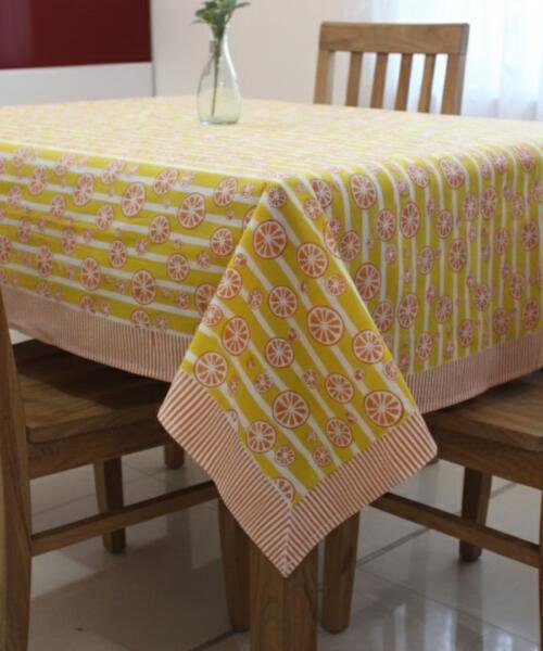 Hand Block Printed Yellow Stripes Rectangle Tablecloth Image 1